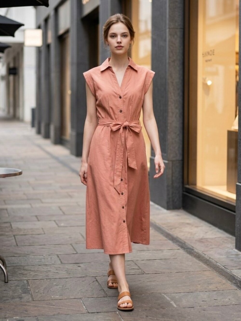 NWT Calvin Klein Belted Shirt Dress Peach Sleeveless Midi Dress Size 4